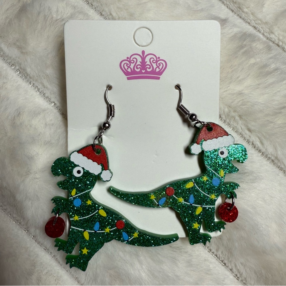 Glitter dinosaur 🦖 Christmas earrings - Picture 1 of 4